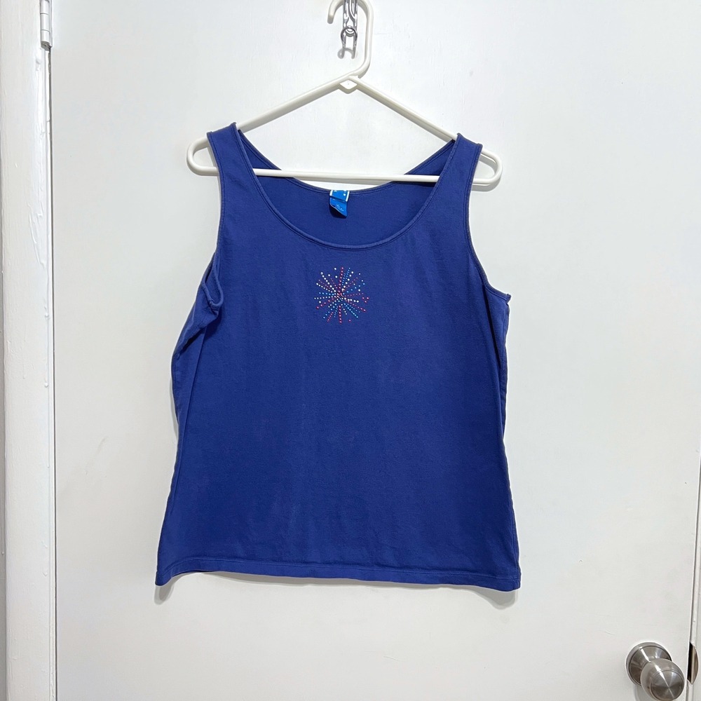 Y2K‎ Celebrate It Tank Top Womens XL Blue Fireworks Americana Patriotic Cotton